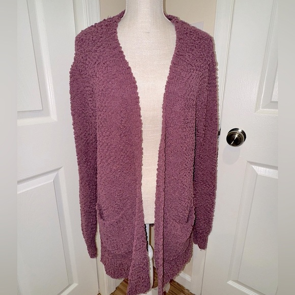 ZENANA Cardigan Sweater Puff Sleeve Popcorn w pockets. Sz. L. GUC dark mauve - Picture 1 of 11